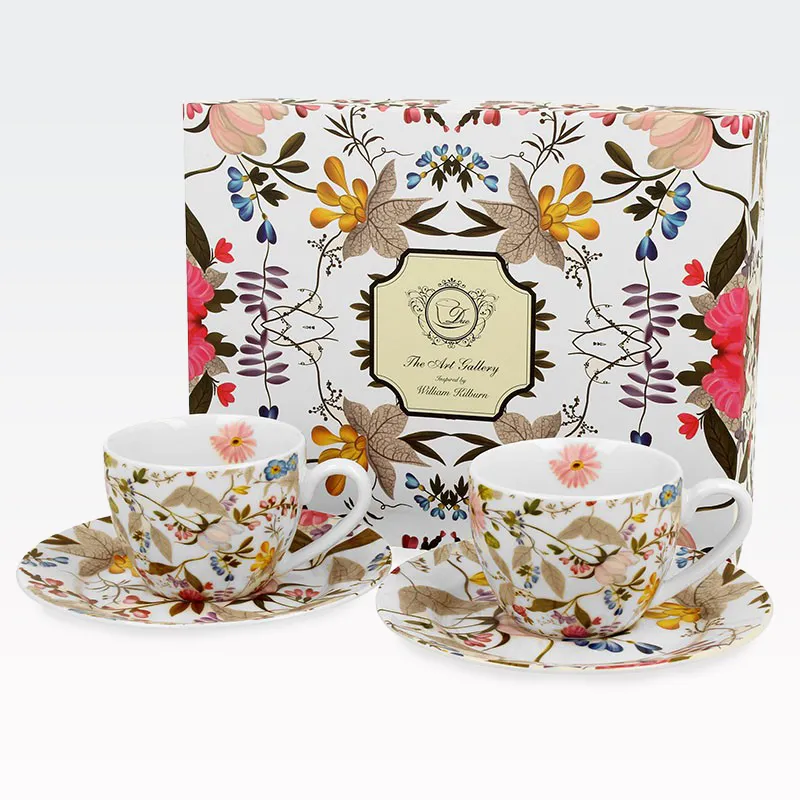 Set 2 skodelic za espreso s podstavkom - pisano cvetje, v darilni embalaži, "W. Kilburn - WHITE", 110ml, new bon, 5cm