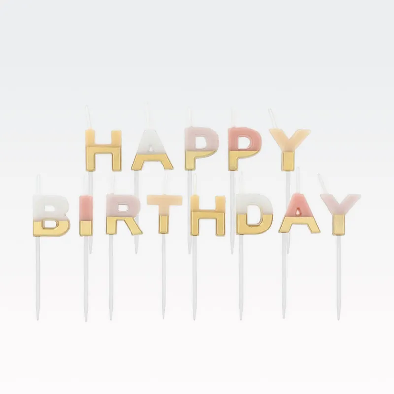 Svečke za torto, "Happy Birthday" pastelno-zlate, 7x14cm