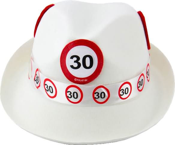 Party klobuk, bel, prometni znak 30