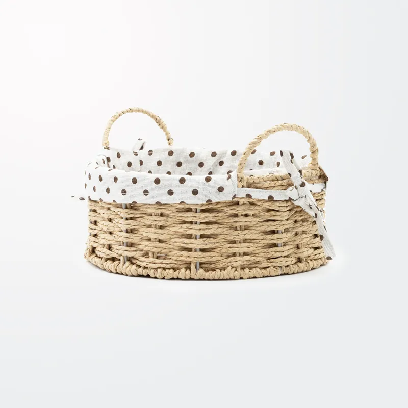 Košara za kruh z ročaji, pletena, oblečena v blago, okrogla, 21.5x12.3cm