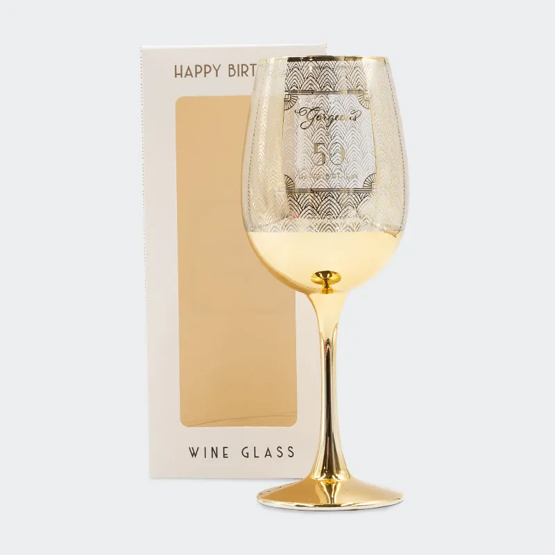 Kozarec za vino, za 50 let, "GLAMOROUS AT 50", pozlačen, v  darilni embalaži, 22cm