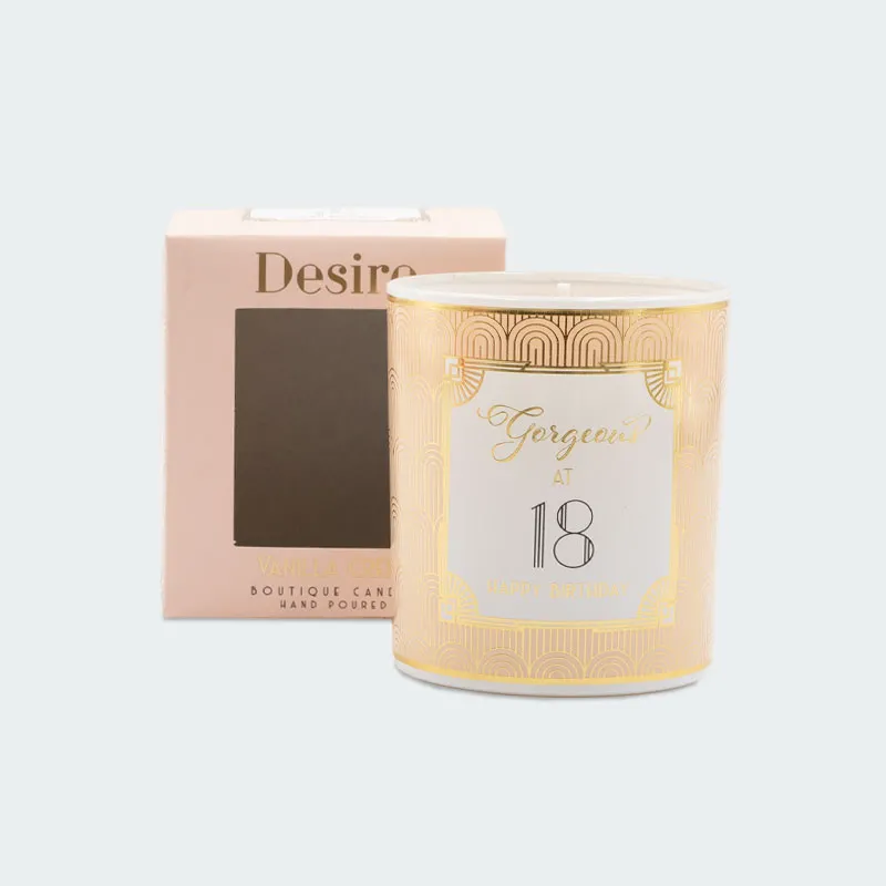 Sveča dišeča, Vanilla Cream, za 18 let, "GORGEOUS AT 18", v darilni embalaži, 9.5cm