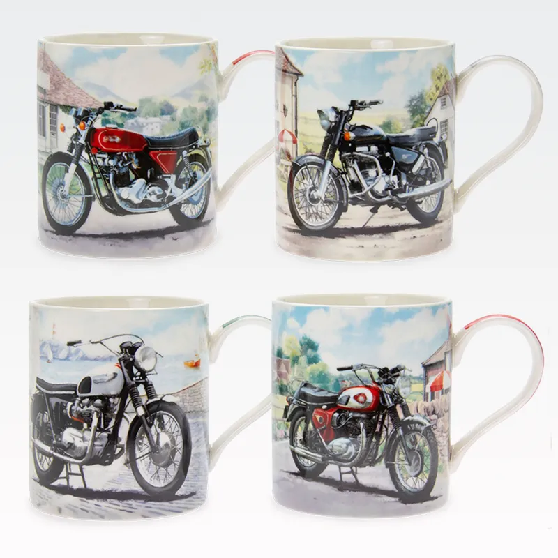 Lonček, motiv motorja, kitajski porcelan, 9.5cm, sort.