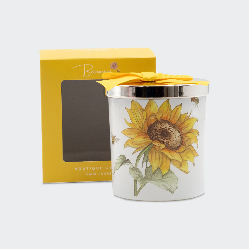 Sveča dišeča, s pokrovom, motiv sončnice in čebel, v darilni embalaži, 9cm
