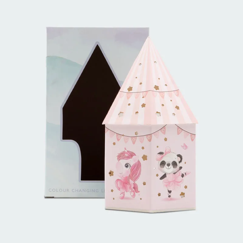 Hišica z LED lučko, slončki - roza, papir, v darilni embalaži, 22x11cm