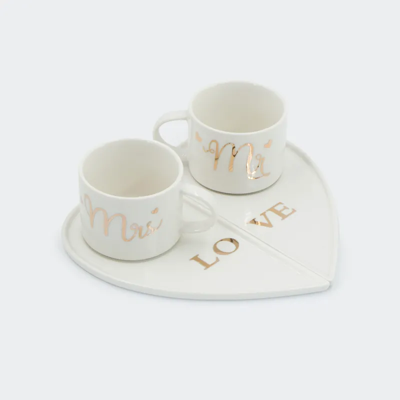 Set 2 lončkov s krožniki, beli z zlatim napisom "LOVE, Mr.& Mrs.", porcelan, 23x23x8cm