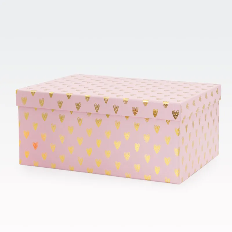 Darilna škatla, roza z zlatimi srčki, 35x27x15.5cm