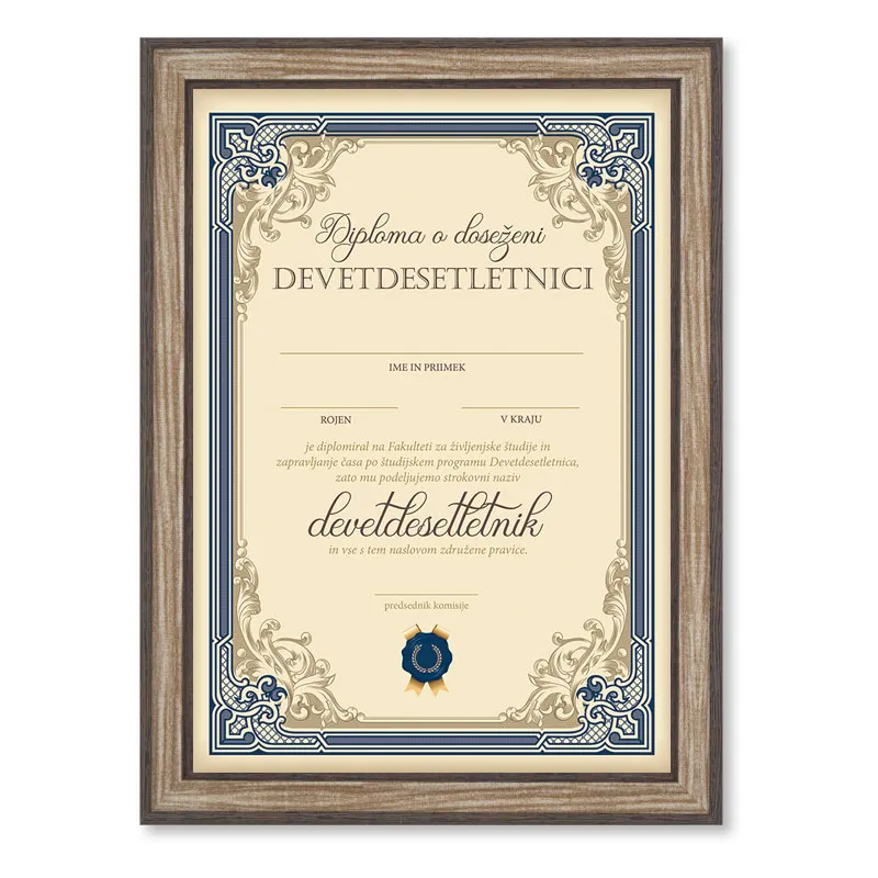 Diploma ROJSTNI DAN, Devetdesetletnik, modra, (36x25cm)