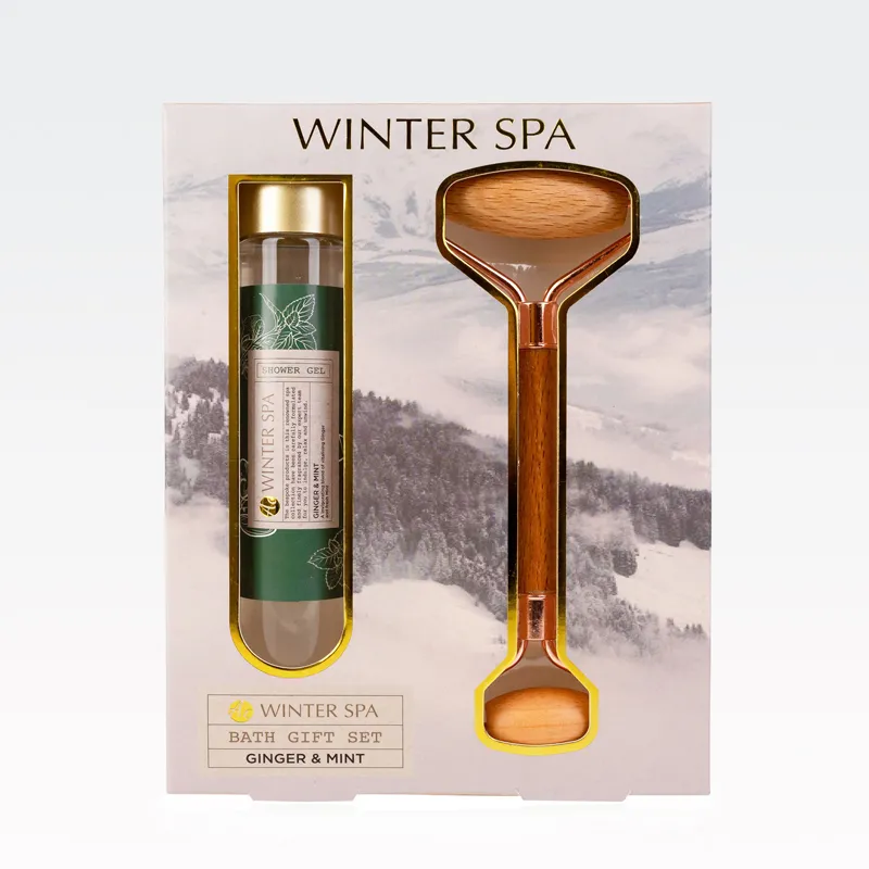 Kopalni set WINTER SPA, (60ml gel za tuširanje, masažni valček lesen), z vonjem Ginger & Mint, v darilni škatli