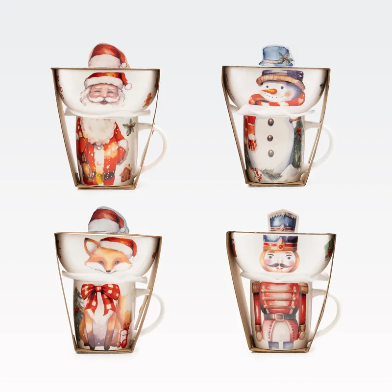 Set skodelice 360ml, 9cm in sklede, 600ml, 14x6cm, božični motiv, porcelan, sort.