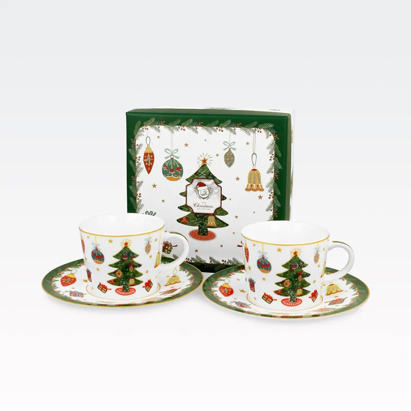 Set 2 skodelic za espresso s podstavkom, božični motiv, v darilni embalaži, AROUND CHRISTMAS TREE, 90 ml, new bon, 5cm