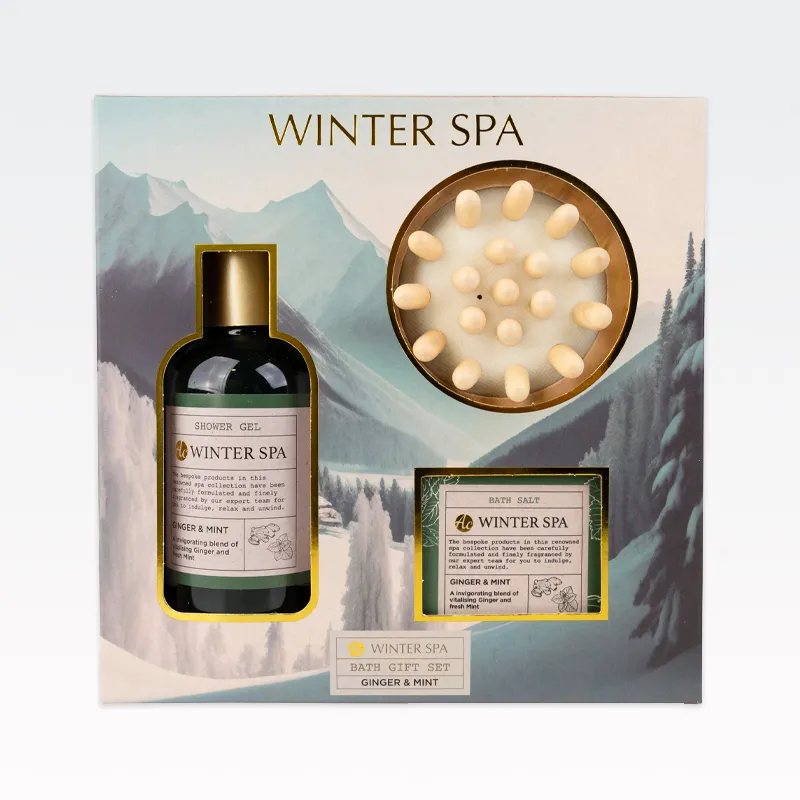 Kopalni set WINTER SPA, (150ml  gel za tuširanje, 80g kopalna sol, lesen masažni pripomoček), z vonjem Ginger & Mint, v darilni škatli