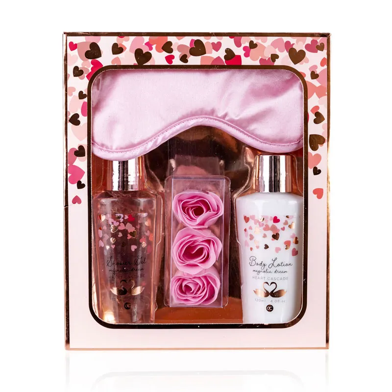 Darilni set HEART CASCADE z vonjem magnolije, (gel za tuširanje 120ml, losjon za telo 120ml, kopalni konfeti v obliki vrtice 3x3.5g, preveza za spanje)