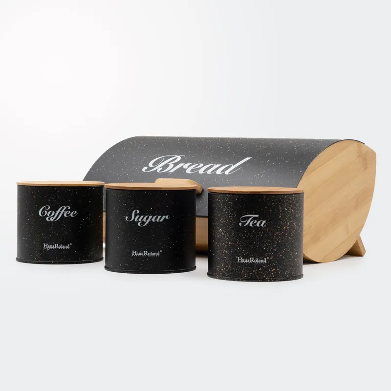 Set posod za shranjevanje živil (posoda za kruh: 35x25x15.5cm, 3x doza: 10x12cm), bambus/kovina, sort.