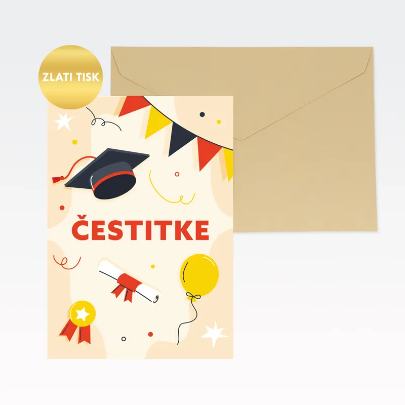 Voščilnica, diploma, Čestitke, diplomska kapa, rumena, zlati tisk