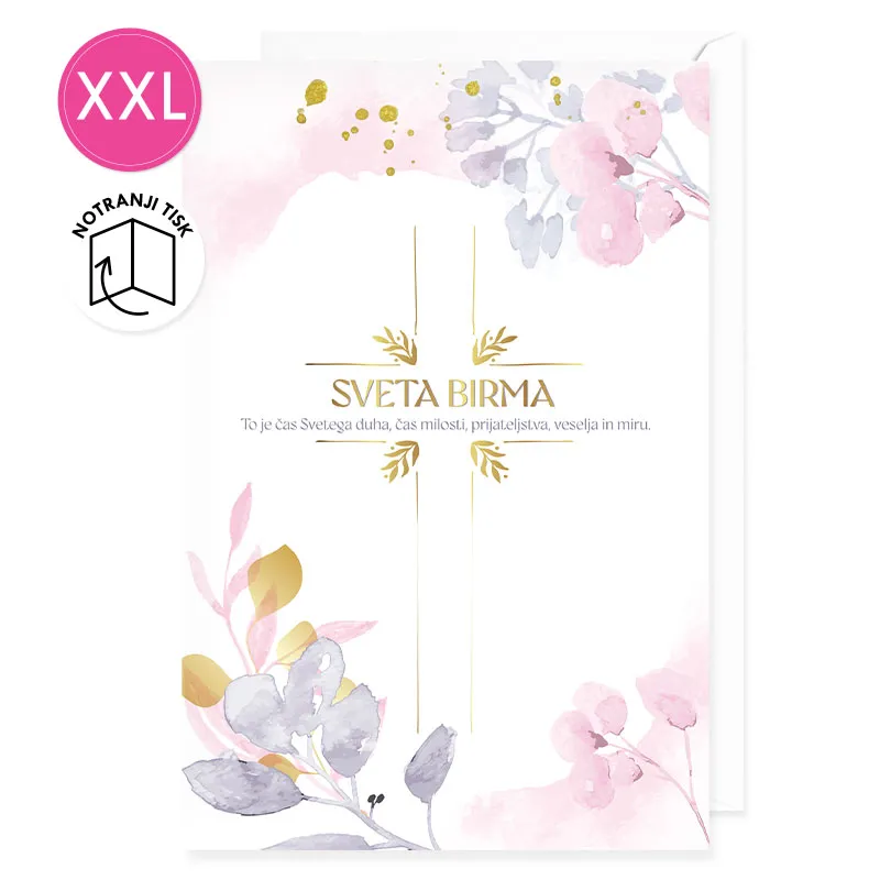 Voščilnica velika, birma, Sveta birma, to je čas svetega duha, čas milosti…, roza