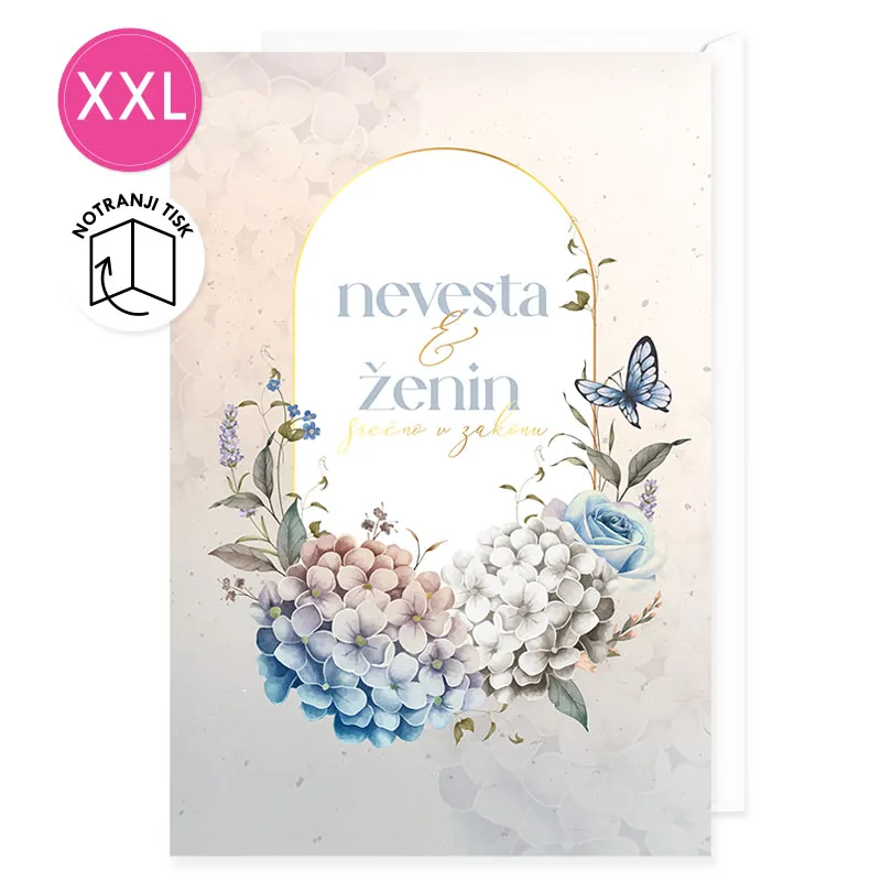 Voščilnica velika, poroka, Nevesta&ženin, srečno v zakonu, hortenzije