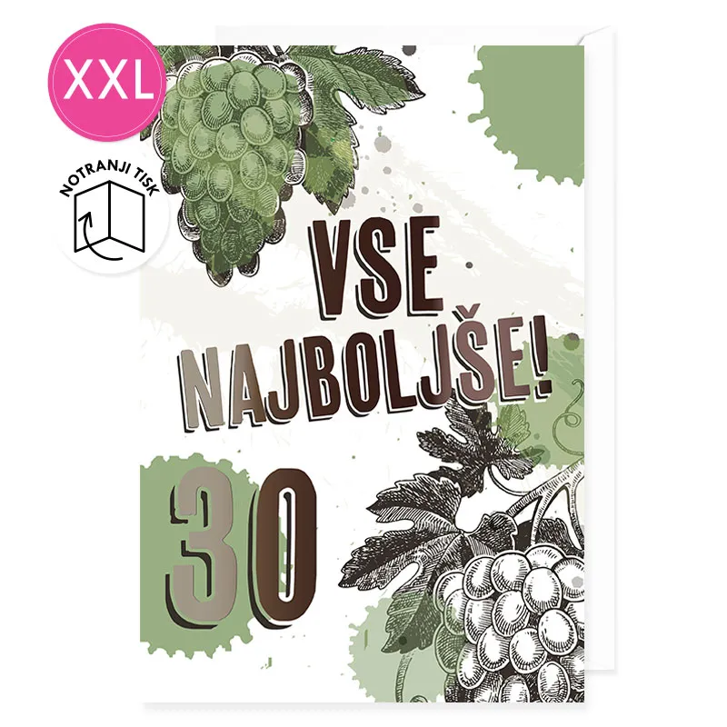 Voščilnica velika, rojstni dan, Vse najboljše, 30, grozdje, zeleno-bela