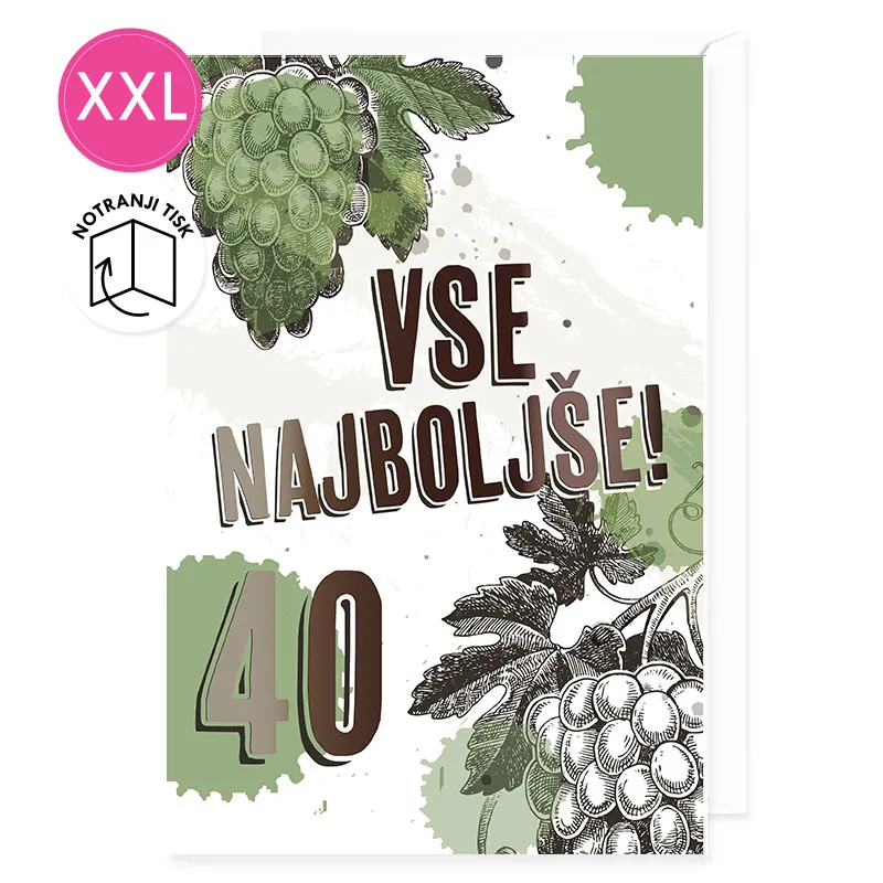 Voščilnica velika, rojstni dan, Vse najboljše, 40, grozdje, zeleno-bela