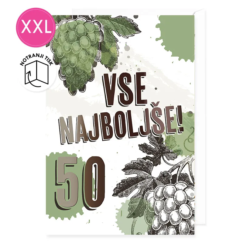 Voščilnica velika, rojstni dan, Vse najboljše, 50, grozdje, zeleno-bela