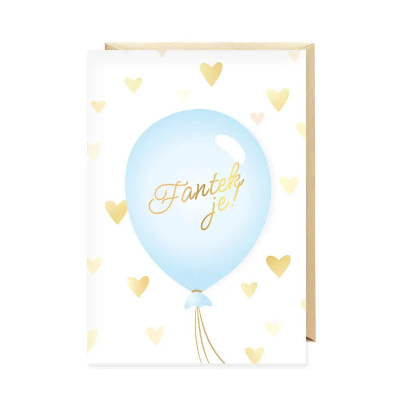 Voščilnica, rojstvo, Fantek je!, moder balon, srčki, bela