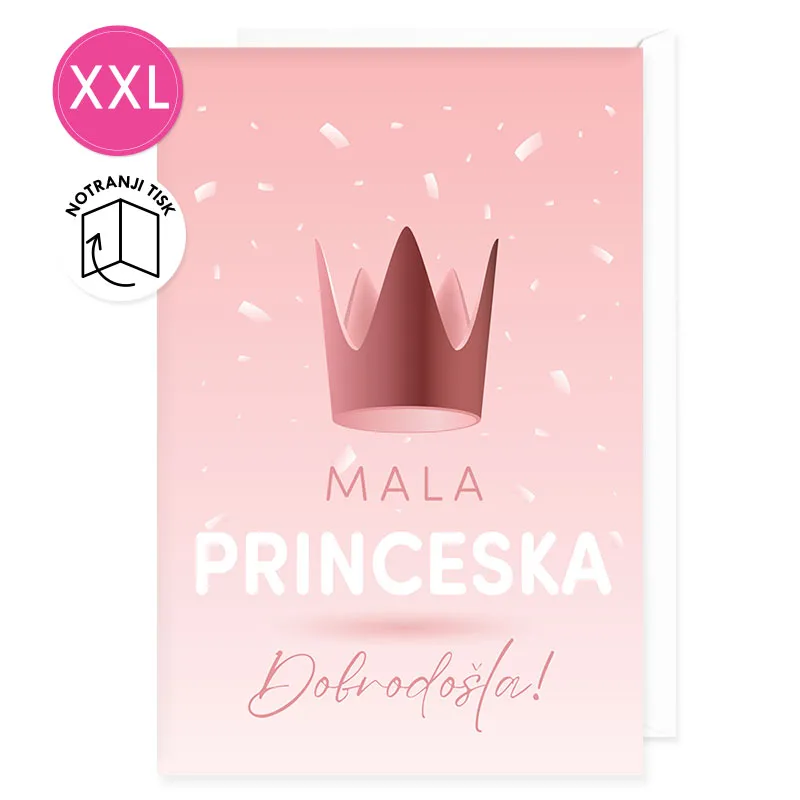 Voščilnica velika, rojstvo, Mala princeska, dobrodošla!, krona, roza