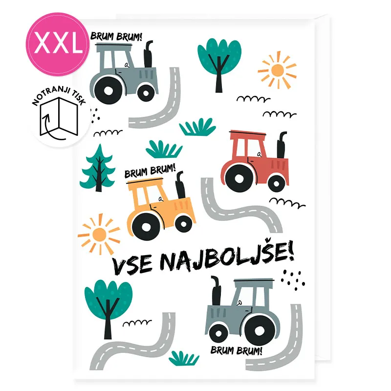 Voščilnica velika, otroška, rojstni dan, Vse najboljše, traktorji, bela