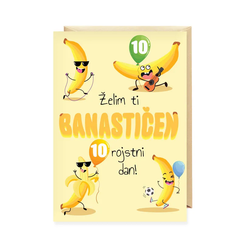 Voščilnica, otroška, 10, Želim ti banastičen rojstni dan, banane, rumena