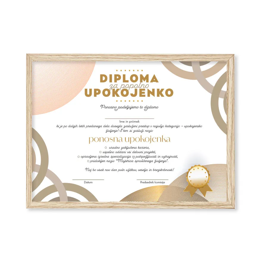 Diploma za POPOLNO UPOKOJENKO, 23x33.5cm