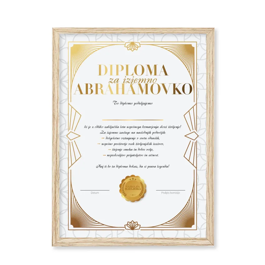 Diploma za IZJEMNO ABRAHAMOVKO, 23x33.5cm