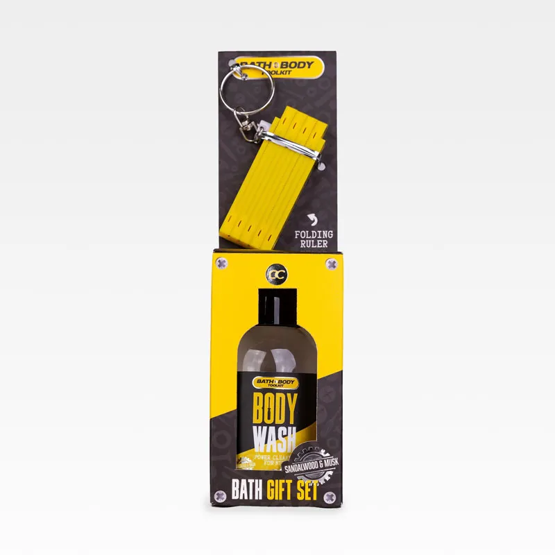 Gel za tuširanje BATH+BODY TOOLKIT, 100ml, z vonjem sandalovine in mošusa + obesek za ključe mini meter
