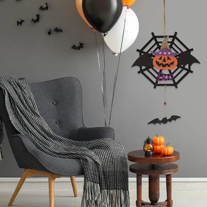 Pajčevina, viseča dekoracija z motivom za halloween, les, 16x16cm, sort.