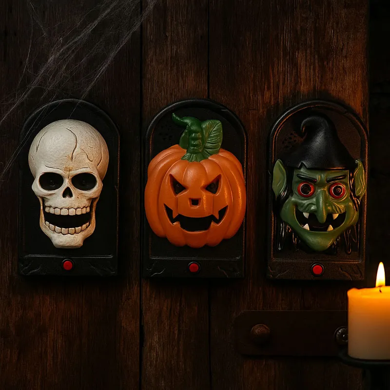 Dekoracija za halloween, zvonec za vrata, z rdečimi LED očmi, ter zvokom, PVC, 19x11cm, sort.