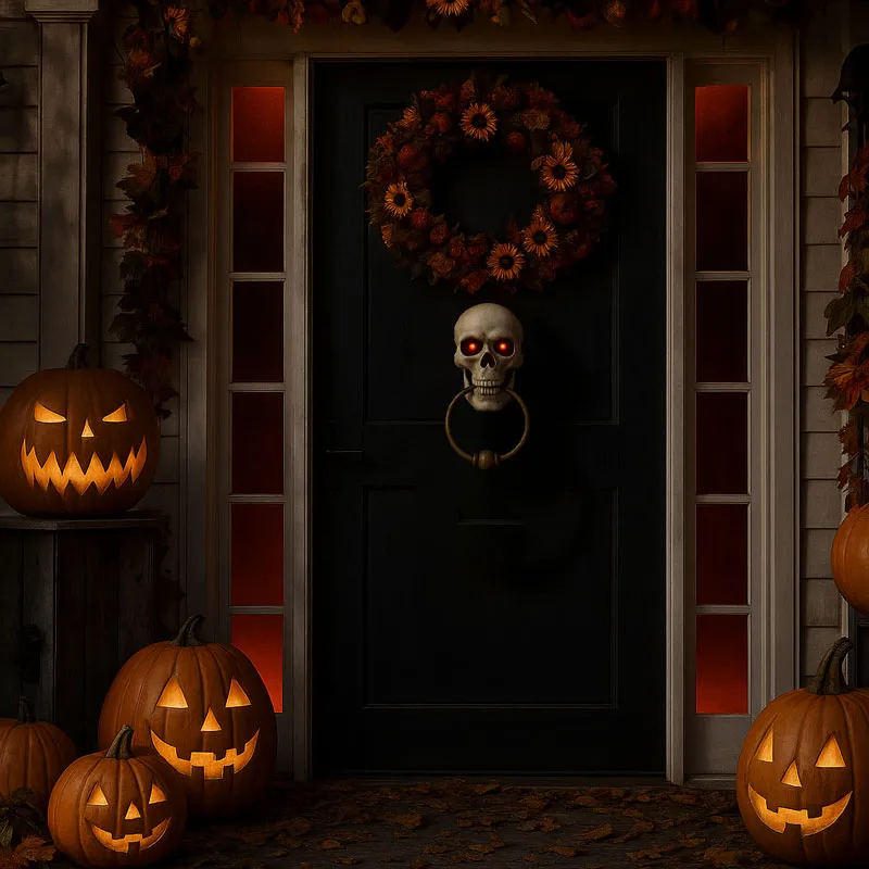 Dekoracija za halloween, smrtna glava, tolkalo za vrata, z rdečimi LED očmi, ter zvokom, PVC, 29cm
