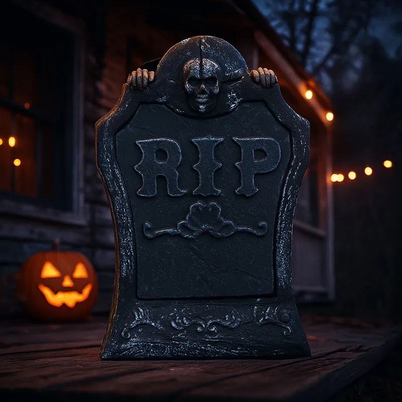Dekoracija za Halloween, spomenik RIP z okostnjakom, z zvokom, stiropor, 38.5x26cm
