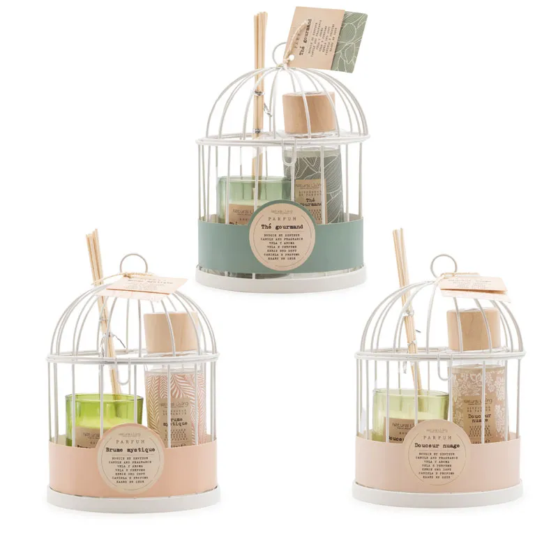 Dišeči dekorativni set sveča 90g in osvežilec s palčkami 100ml, v ptičji kletki, 14x20cm