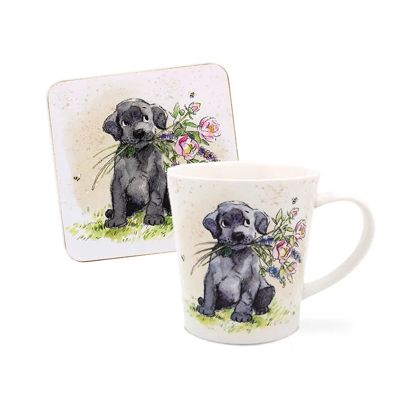 Lonček s podstavkom, kuža in cvetlice, kitajski porcelan, 9cm, v darilni embalaži