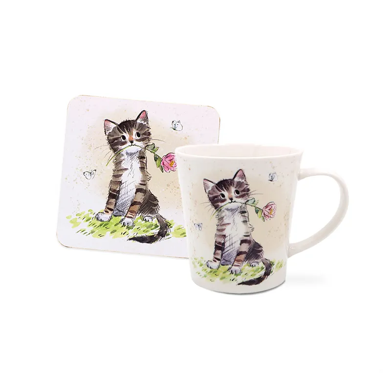 Lonček s podstavkom, muca z rožo, kitajski porcelan, 9cm, v darilni embalaži