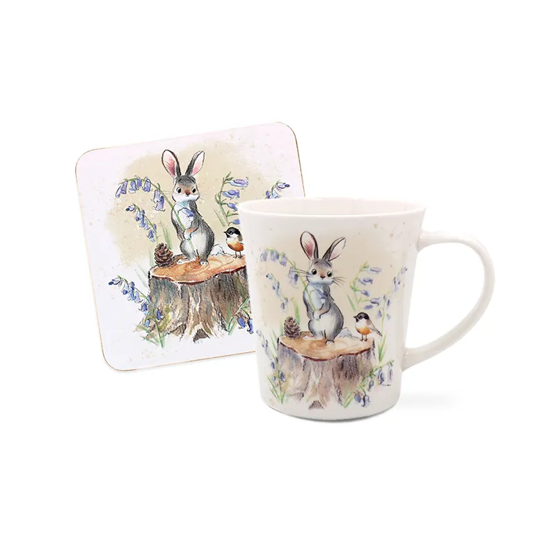 Lonček s podstavkom, zajček in ptič, kitajski porcelan, 9cm, v darilni embalaži