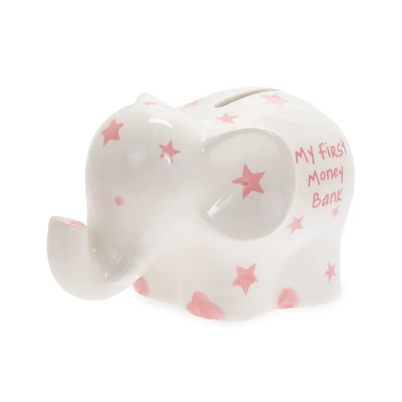 Hranilnik, slon, roza, My first money bank, kitajski porcelan, 8.5x13.5cm