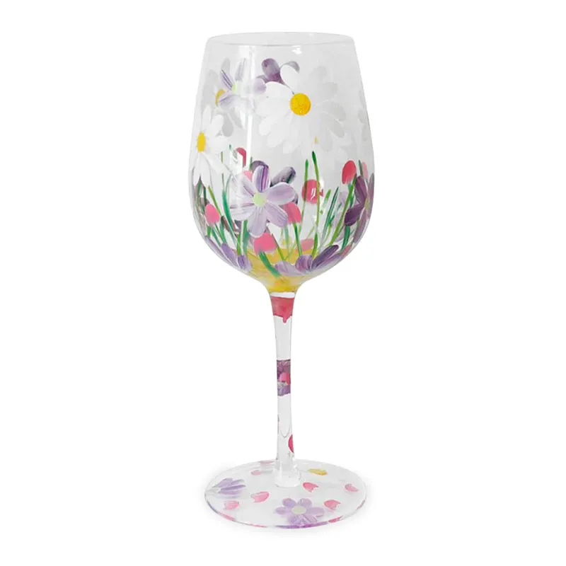 Kozarec za vino poslikan, marjetice, 23cm, v darilni embalaži