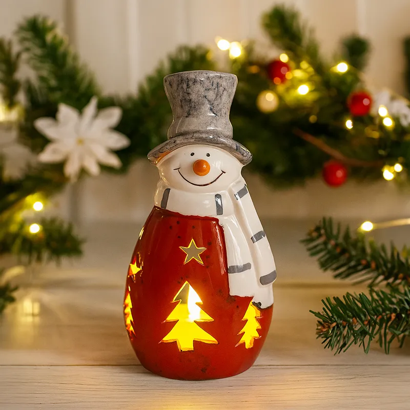 Snežak z rdečim predpasnikom z LED lučko, lončenina, 9.5x9x18.8cm