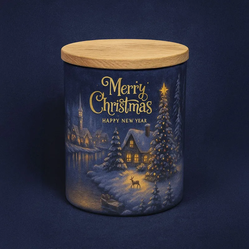 Sveča v steklenem kozarcu CHRISTMAS COMMING, božična, s pokrovom iz bambusa, vonj medenjaki, 10cm