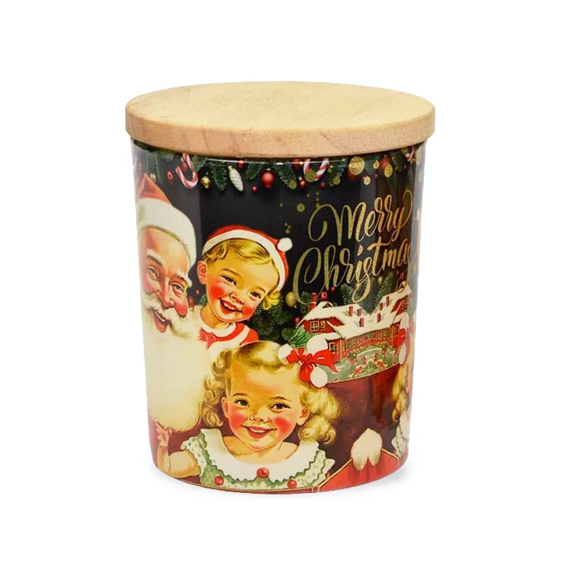 Sveča v steklenem kozarcu CHRISTMAS EVE, božična, s pokrovom iz bambusa, vonj cimet, 10cm