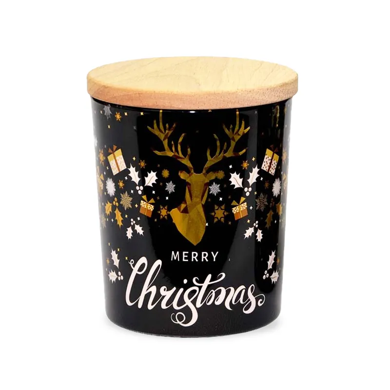 Sveča v steklenem kozarcu RUDOLF, božična, s pokrovom iz bambusa, vonj cimet in pomaranča, 10cm