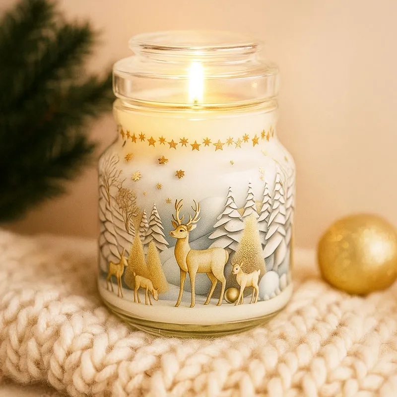 Sveča v steklem kozarcu BLUE CHRISTMAS, božična, s steklenim pokrovom, vonj cimet in pomaranča, 10cm