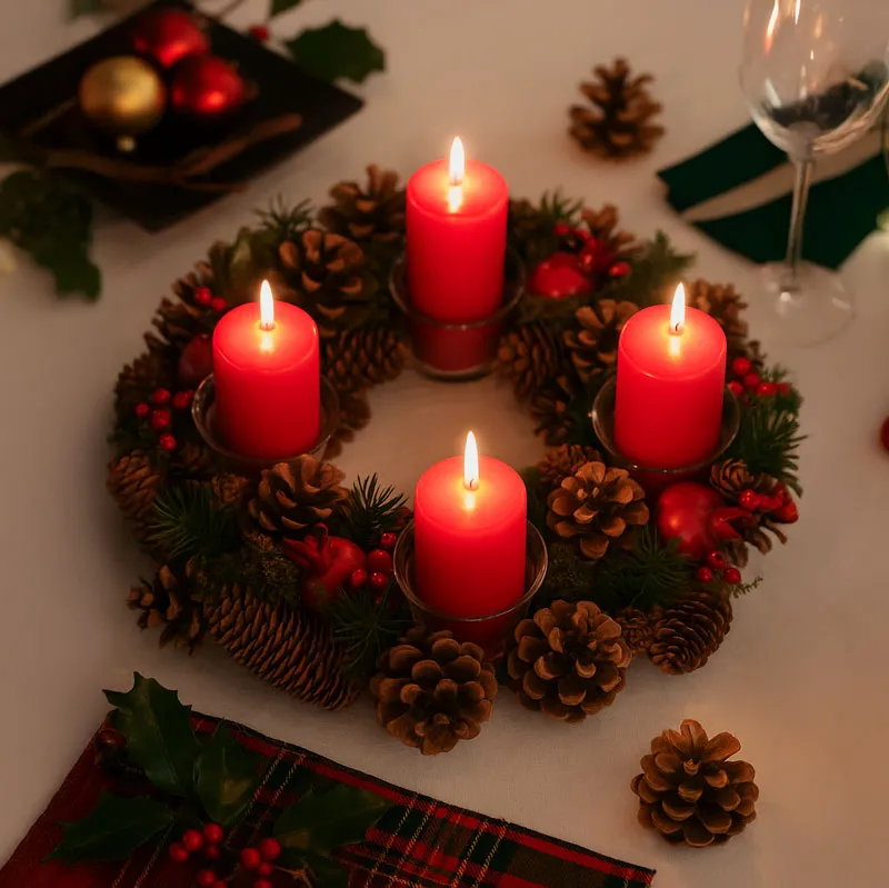 Adventni venček okrogel, naravni material, PVC, steklo, 34x34x8.5cm