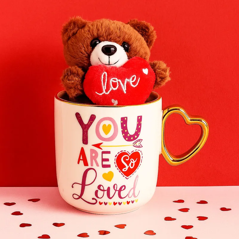 Skodelica, You are so loved, zlati ročaj, kitajski porcelan, 3.8dcl + medvedek s srčkom iz pliša