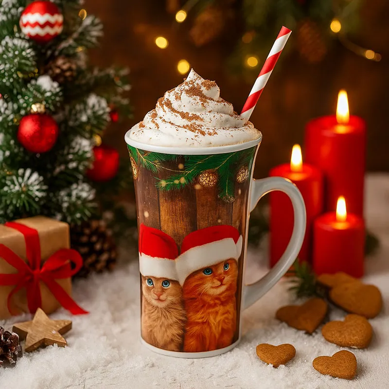 Lonček božični, muce z božično kapo, keramika, 13cm