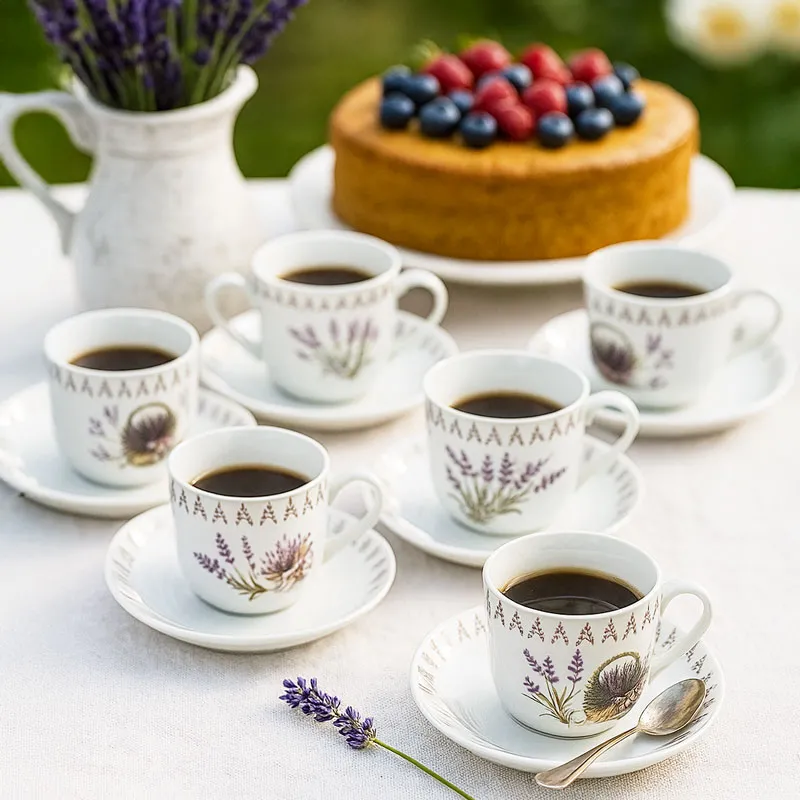 Set skodelic za kavo s podstavki 6/1, sivka, porcelan, 180ml